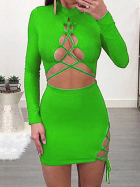 Sexy Cross Bandage Hollow Out Elastic Slim Bodycon Dress for Women Evening Club Party